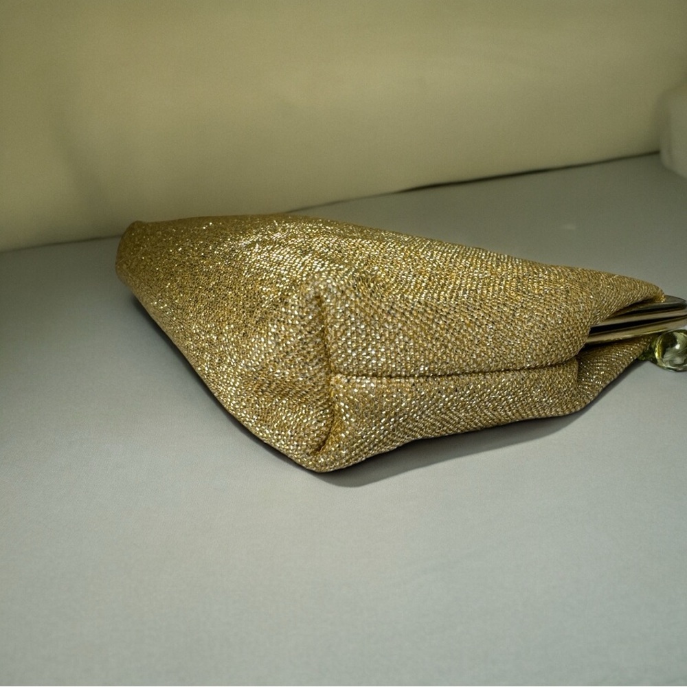 Vintage Gold Metallic Lamé Beaded Kiss Lock Clutch Handbag Satin Interior EUC - Picture 8 of 11